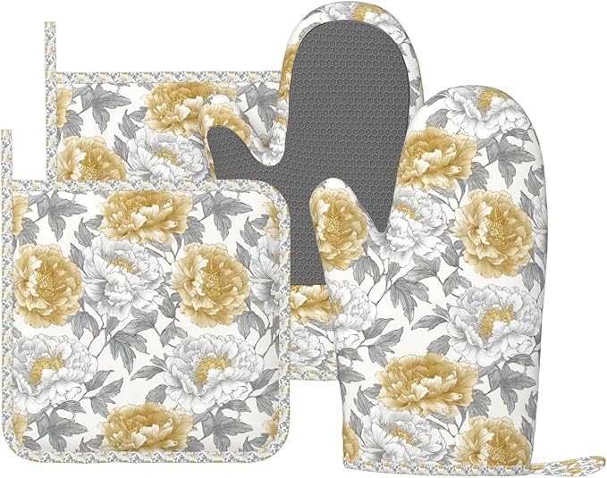 Oven Mitts and Pot Holders Vintage Flower Peony Floral Silicone Kitchen Accessories Set of 4 Heat Resistant Long Gloves Potholder Non-Slip Grip for Chef Cooking Baking Grilling BBQ