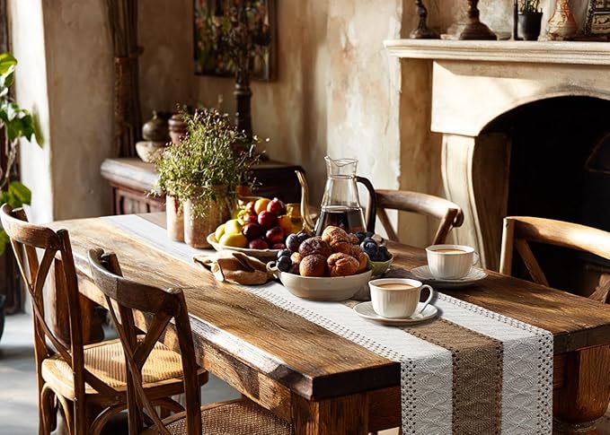 FEXIA Boho Table Runner for Home Decor with Out Tassels 72 Inches Long Farmhouse Rustic Table Runner Macrame Burlap Table Decoration for Living Room Bridal Shower(12x72 Inches)