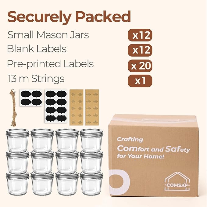 ComSaf 8 oz Wide Mouth Mason Jars, 12Pcs Glass Jars for Home Cooks Making Jam and Jelly, and Crafters Creating DIY Candles and Party Favors, Canning Jar with Lids and Rings，Includes Labels & Twine