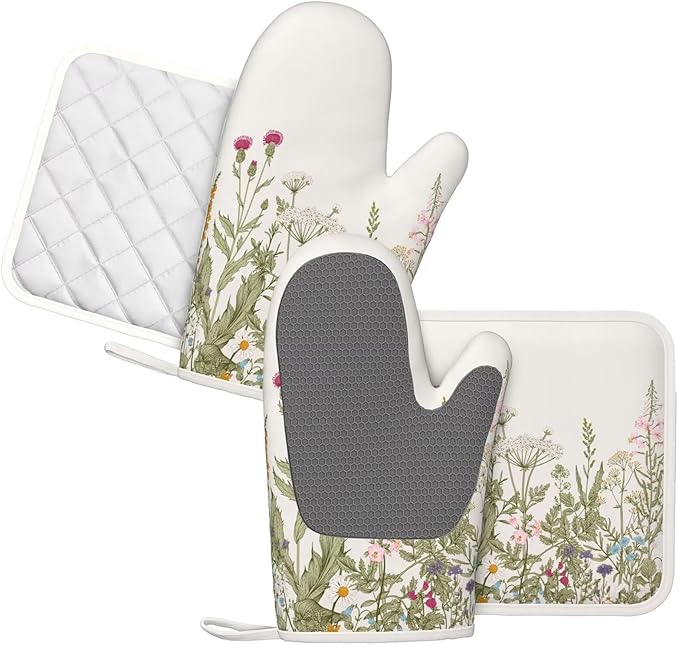 Wildflower Botanical Oven Mitts and Pot Holders Set Silicone Heat Resistant Floral Plant Herbs Sage Green Leaves Kitchen Gloves Set Kitchen Mittens Pot Holders for Cooking Baking Grilling