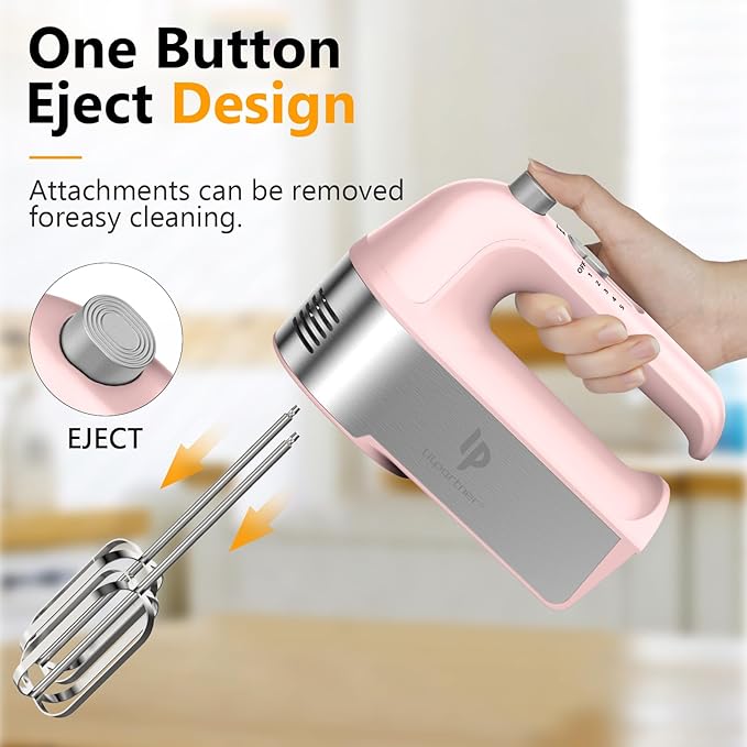 Hand Mixer Electric, 450W Kitchen Mixers with Scale Cup Storage Case, Turbo Boost/Self-Control Speed + 5 Speed + Eject Button + 5 Stainless Steel Accessories, For Easy Whipping Dough, Cream, Pink