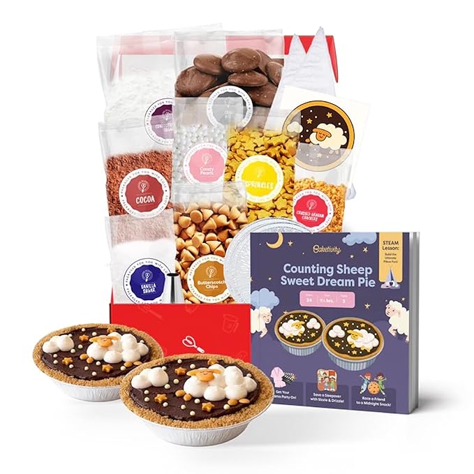 Baketivity Counting Sheep Sweet Dream Pie Kids Baking Kit – Chocolate Dessert Baking Set, Steam Cooking Activity For Kids, Cookie Mix Style, Kosher, Makes Two Mini Pies