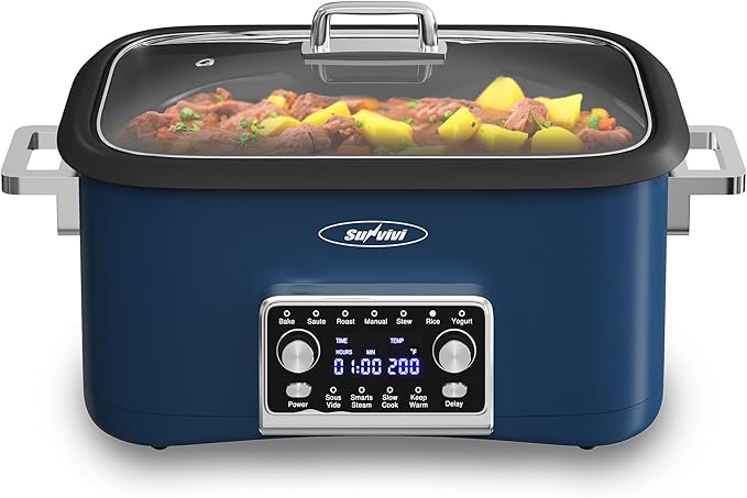 Sunvivi 8 Quart Slow Cooker Roaster Oven, 12 in 1 Programmable Multi-Cooker Food Warmer with Digital Timer, Temp Control, Removable Cast Aluminum Pot & Dishwasher-Safe Tempered Glass Lid, Blue