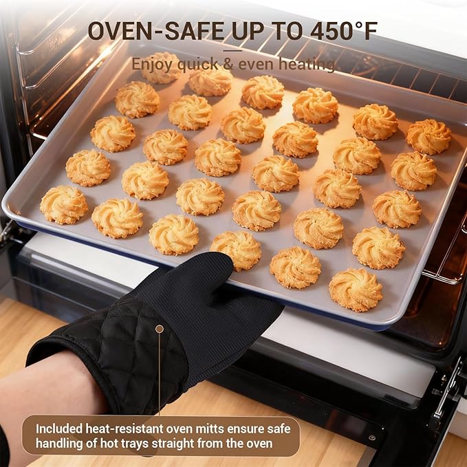 Ammeloo 22-Piece Baking Pans Set Stackable Bakeware Non Stick Baking Set Non Toxic Oven Pans, Including Roasting Pan, Cookie Sheets, Muffin Pans, Cake Pans, Oven Mitts and Utensils(Gray & Navy Blue)