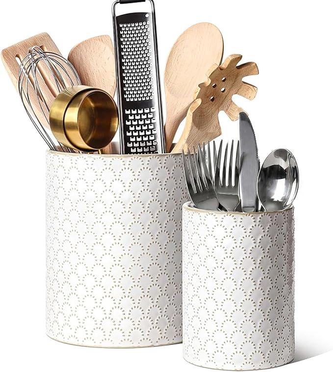 LE TAUCI Utensil Holder for Kitchen Counter - 7.1"+5.4" Ceramic Kitchen Utensil Holder Set of 2, Large Cooking Utensil Crock & Organizer for Spatula, Spoon - Embossed Kitchen Decor, White,Fireworks
