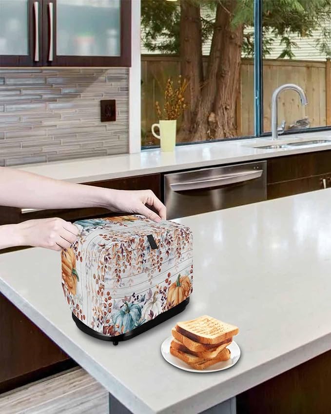 Orange Blue Pumpkins Fall Toaster Cover 2 Slice, Thanksgiving Eucalyptus Dustproof Bakeware Oven Protector with Hook, Gray Wooden Waterproof Small Kitchen Appliance Toasters Dust Cover, 12"x7.5"x8"