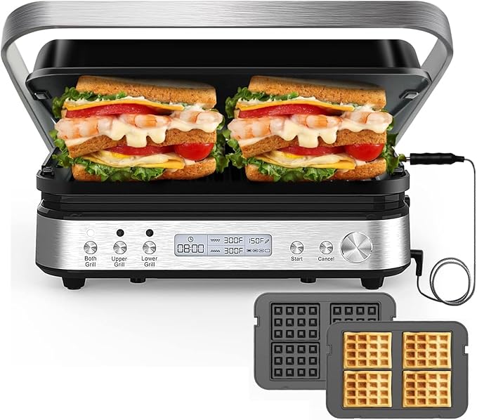 Panini Press Grill Sandwich Maker with Removable Plates, 1600W, 6 in 1 Indoor Grill with Meat Thermometer, Electric Contact Grills for Kitchen, Stainless Steel