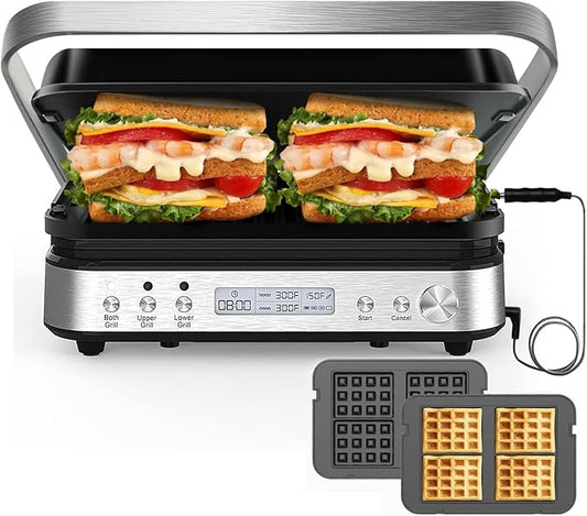 Panini Press Grill Sandwich Maker with Removable Plates, 1600W, 6 in 1 Indoor Grill with Meat Thermometer, Electric Contact Grills for Kitchen, Stainless Steel