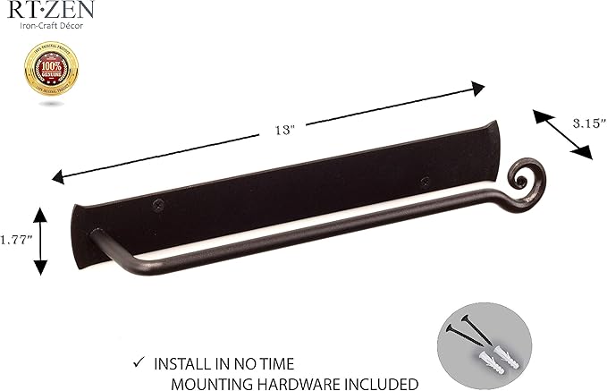RTZEN Matte Black Hand Towel Holder for Bathroom - Handcrafted Farmhouse Wrought Iron Metal Kitchen Bar - Small Hand Towel Bar Hanger for Home or Office - Wall Mounted Rack Fits 10" Towels