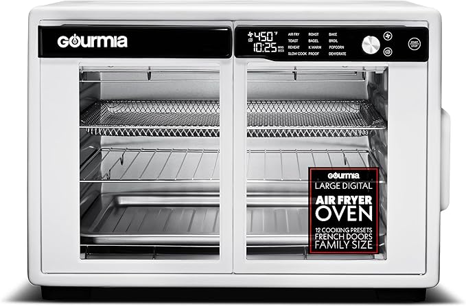 Gourmia French Door Air Fryer Oven - 37 Qt Large Capacity Convection Toaster Oven, FryForce 360°, Digital Display, 12 Cooking Presets, Dehydrate, Fits 13” Pizza, Dishwasher-Safe, White