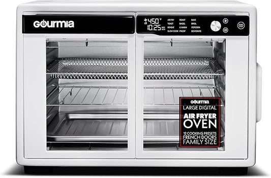 Gourmia French Door Air Fryer Oven - 37 Qt Large Capacity Convection Toaster Oven, FryForce 360°, Digital Display, 12 Cooking Presets, Dehydrate, Fits 13” Pizza, Dishwasher-Safe, White