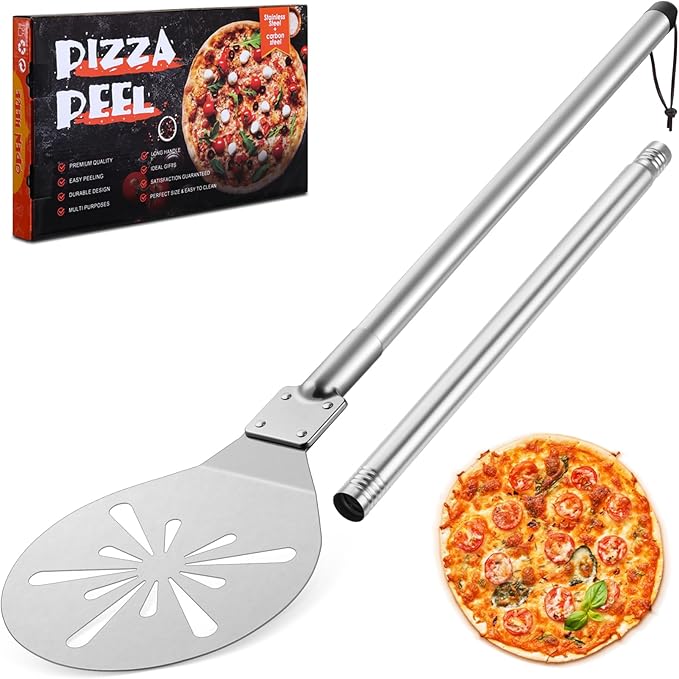 9 Inch Pizza Peel Turning, Joyfair Perforated Pizza Turner with Long Detachable Handle, Stainless Steel Spatula Paddle for Rotating Sliding, Metal Tools Oven Accessories, Easy Cleanup (SS Handle)