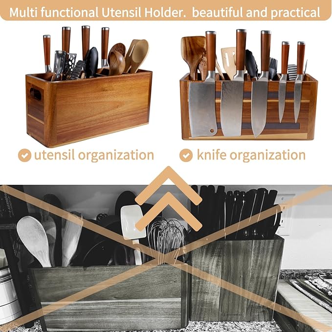 Wooden Kitchen Utensil Holder Organizer for Counter or Countertop, Large Wooden Utensil Holder 4 Compartment, Acacia Wood Container Extra Large.with Strong Magnets Multifunctional Storage Knife Holder