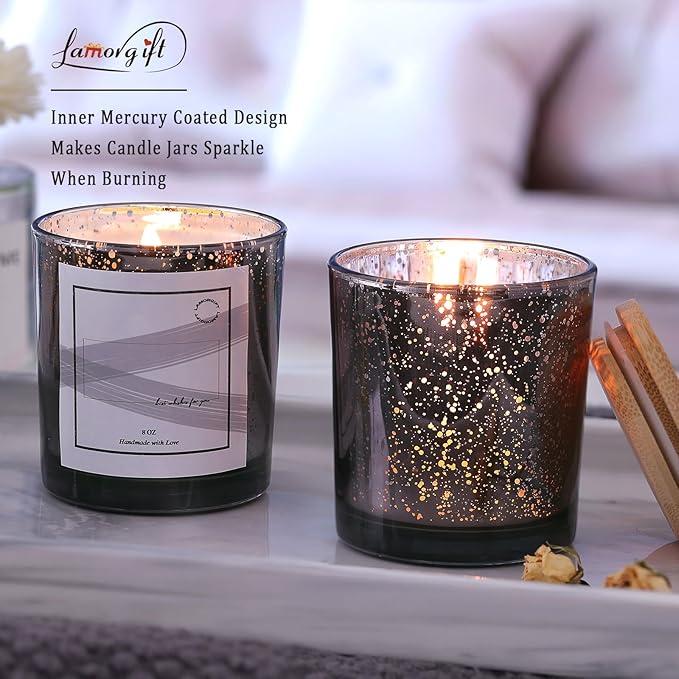 LAMORGIFT 15 Pack Dark Gray Candle Jars With Lids - 8oz Mercury Glass Candle Making Containers - Includes 20 Pcs Labels