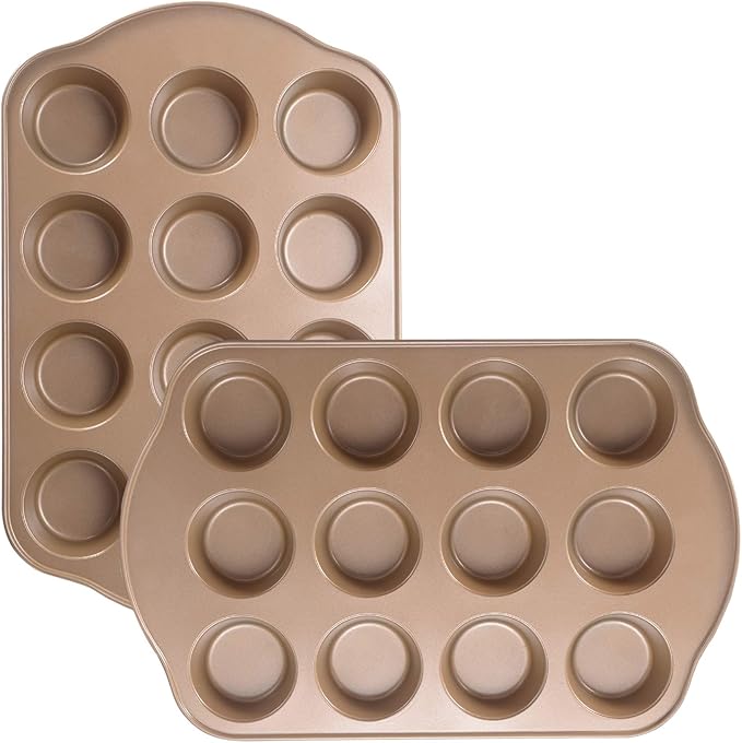 2 Pack Nonstick Muffin Pan Set, 12-Cup Heavy Duty Cupcake Baking Pan with Handles - PFOA-Free Muffin Tin, Rust Proof & Warp Resistant, Oven Safe 430°F (Gold)