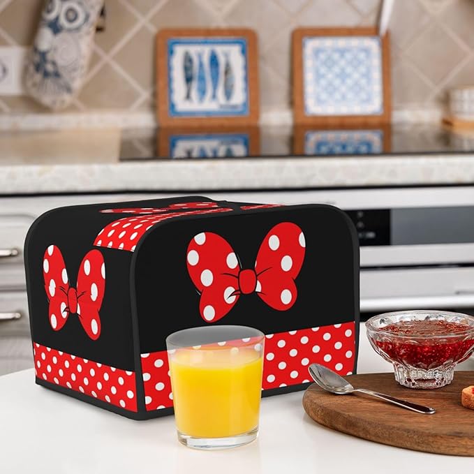 Red Polka Dot Bow Covers for Toasters 4 Slice,Cute Funny Bread Machine Cover with Handle,Washable Stain Resistant Kitchen Small Appliance Cover Dining Decor