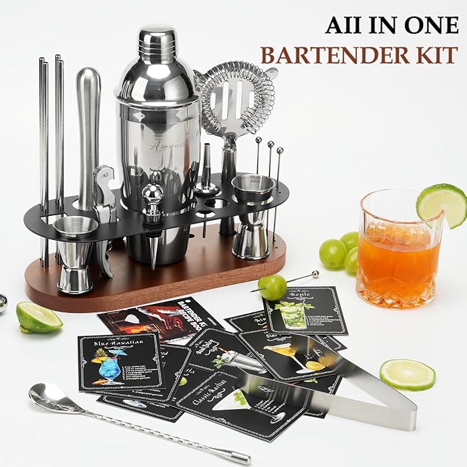 23-Piece Bartender Kit, Cocktail Shaker Set with Stand | Bar Set Drink Mixer Set with All Essential Bar Tools: Martini Shaker,Bar Mixer Spoon, Jigger, Strainer, Muddler, Pourers, for Home, Bar, Party