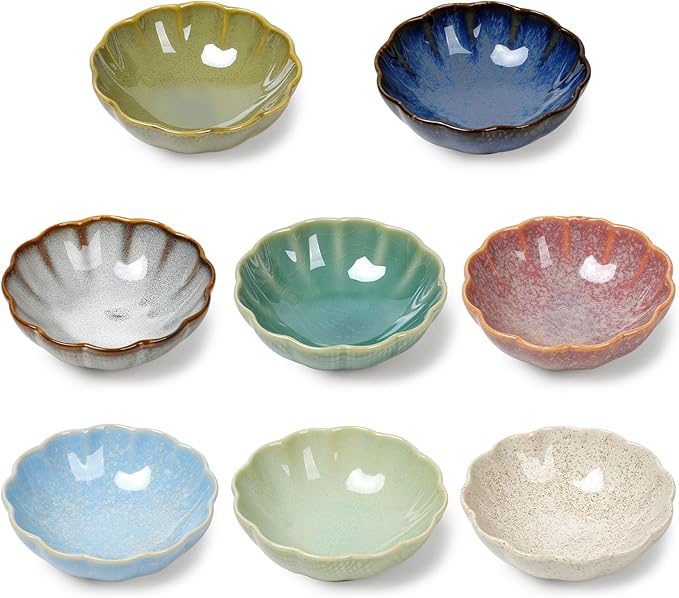 Dipping Bowls Set of 8, Ceramic Soy Sauce Dishes, 3 oz Dipping Sauce Cups, chrysanthemum Round Small Side Dish Dishes for Dipping Sushi Tomato Soy Sauce Dish Condiment Finger Bowls