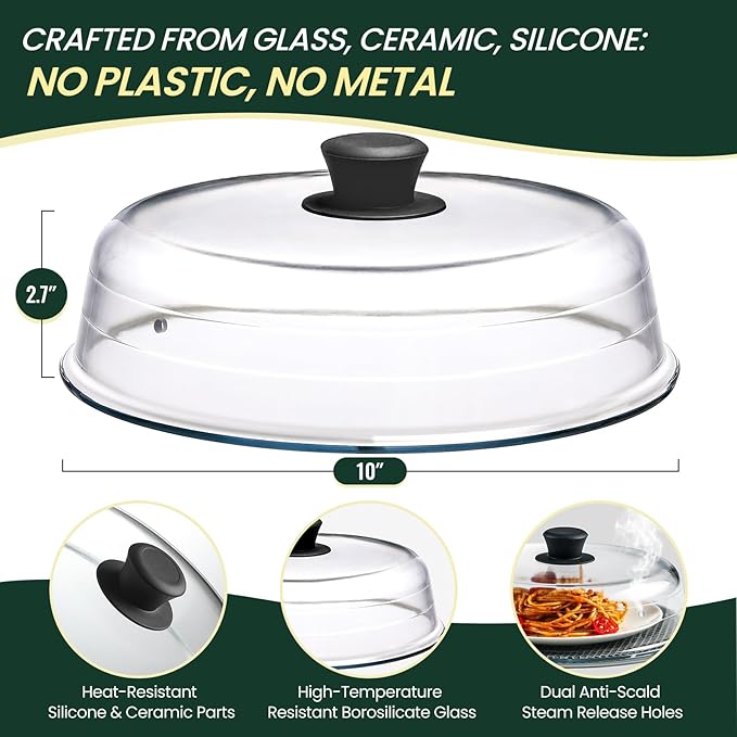 2 in 1, Glass Microwave Splatter Cover for Food & Microwave Place Mat, Plate Splatter Guard Lid with Easy Grip Silicone Handle Knob, Borosilicate Glass with Vent Hole, Food Grade, No Plastic, 10in