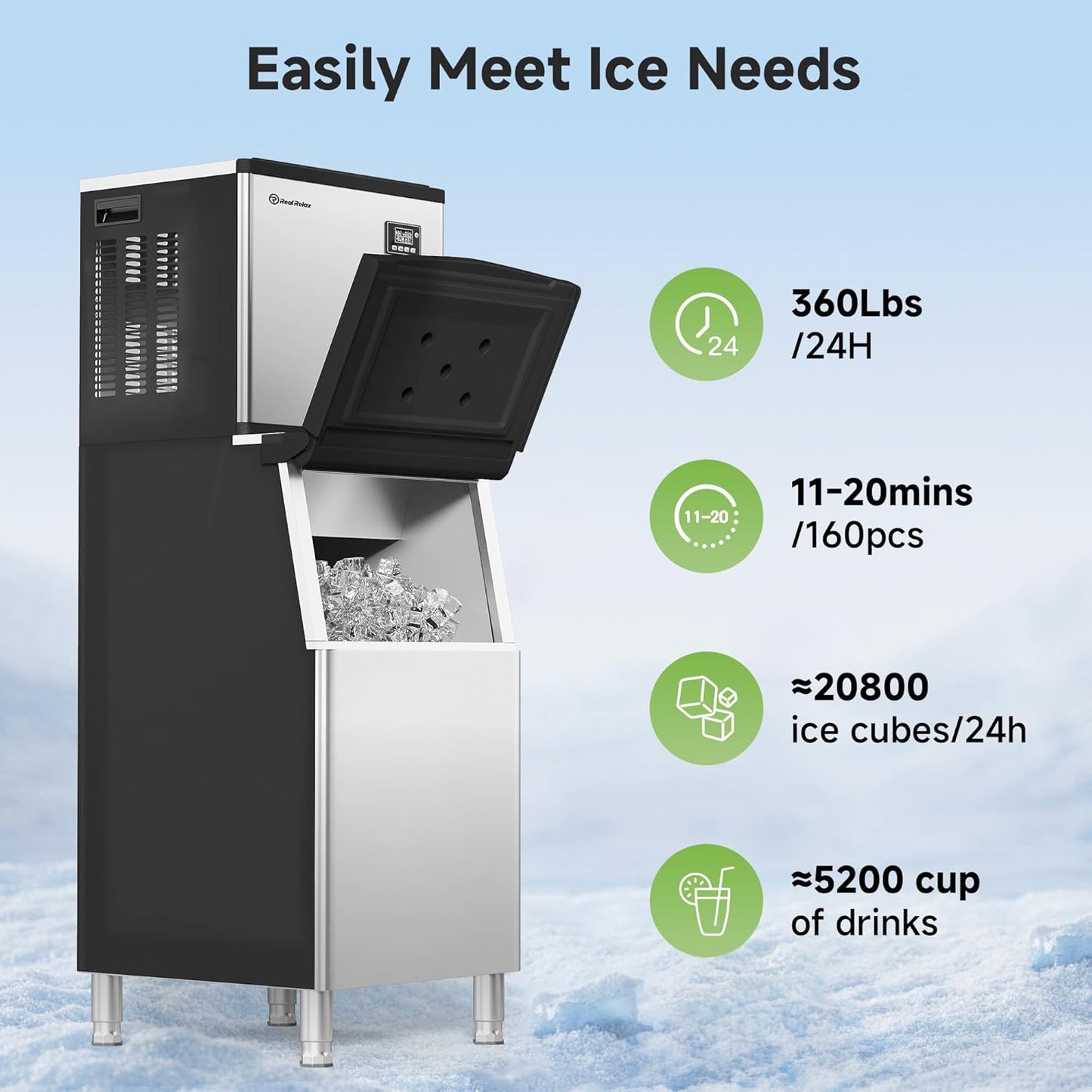Real Relax Commercial Ice Machine 360LBS/24H, ETL Approved Industrial Ice Maker Machine with 200 LBS Storage Bin, Ice Scoop, Auto Self-Cleaning, LCD Display for Restaurant Bar Café
