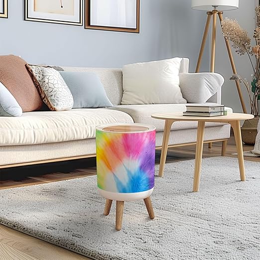 Trash Can with Lid Dye Shibori Trendy Aquarelle Dye Colorful Dye Fabric Press Top Round Small Garbage Bin with Wooden Legs Waste Basket for Kitchen Bedroom Nursery 7L/1.8 Gallon