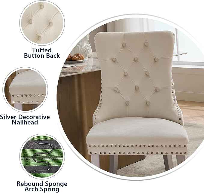 Velvet Dining Chairs Set of 6, Kitchen & Dining Room Chairs, Upholstered Dining Chairs with Back Ring Pull and Silver Solid Wood Legs, Modern Tufted Kitchen Chairs for Dining Room, Cream