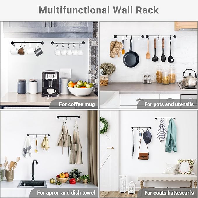 Mkono Mug Holder Wall Mounted Coffee Cup Rack Hanger Modern Metal Wall Rack with 15 Mug Hooks Rustic Utensil Tea Cups Storage Organizer for Kitchen Dining Room Coffee Bar, Set of 3, Black