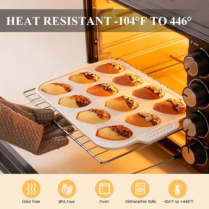 Vinino 2-Pack Silicone Madeleine Pan with Metal Reinforced Frame, 12-Cavity Shell Shape Madeleine Mold with Non-Slip Handle, Nonstick Madeleine Cookie Trays for Oven, BPA Free, Dishwasher Safe- Cream