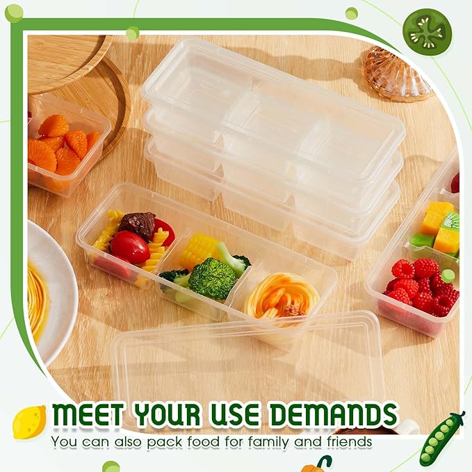Hushee 10 Pack 17 oz Small Meal Prep Containers with 3 Compartments Snack Containers with Lid Disposable Plastic Bento Box Travel Lunch Food Boxes Stackable for Office Picnic (Black,Clear)