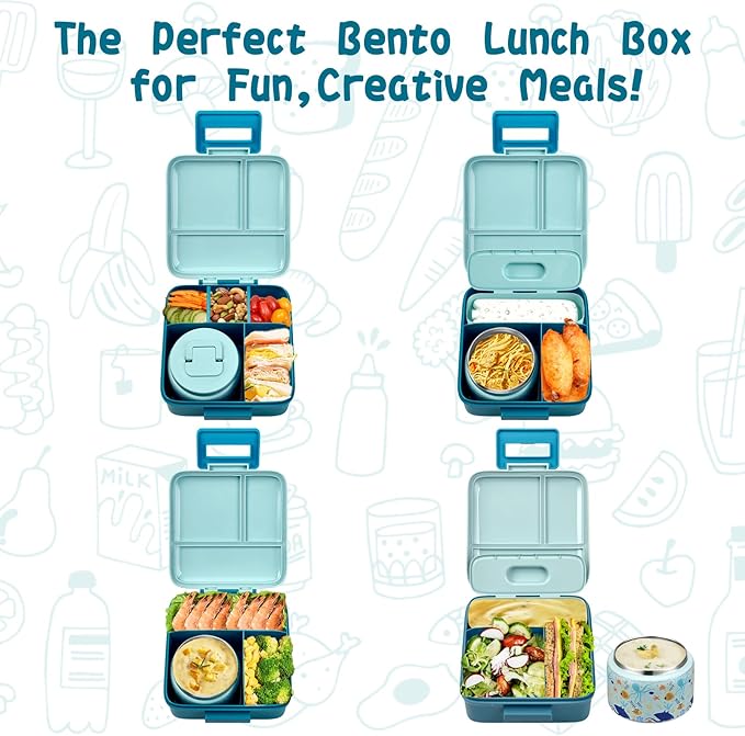 Bento Lunch Box for Kids with 8oz Soup Thermo,Leak-Proof Lunch Containers with 5 Compartment,Thermo Food Jar Food Containers for School (Blue-Octopus)