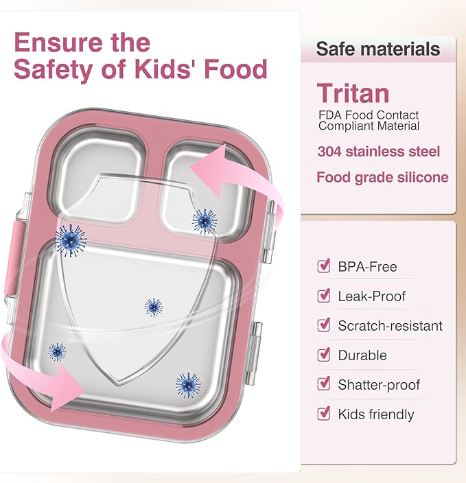 HOMEKOL Stainless Steel Bento Lunch Box, 3-Compartment Leak-Proof Lunch Container for Kids & Adults, BPA/BPS-Free 304 Metal Food Box, Dishwasher Safe, Clear Tritan Lid, Pink (Not Insulated)