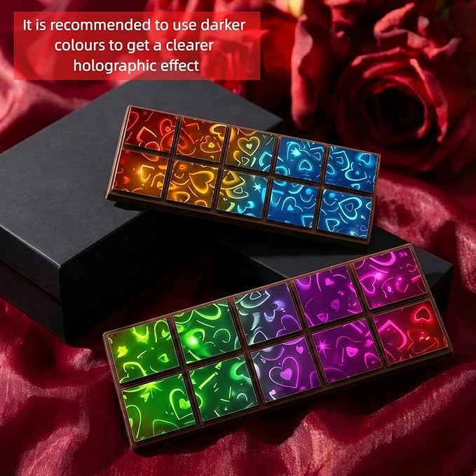 Ziliny Heart Holographic Chocolate Bar Mold Silicone, Rainbow Light Effect Chocolate Bar Deep Thick Molds for DIY Candy Dessert Baking, Candy, Wax Melts, Cake Decoration (Square)