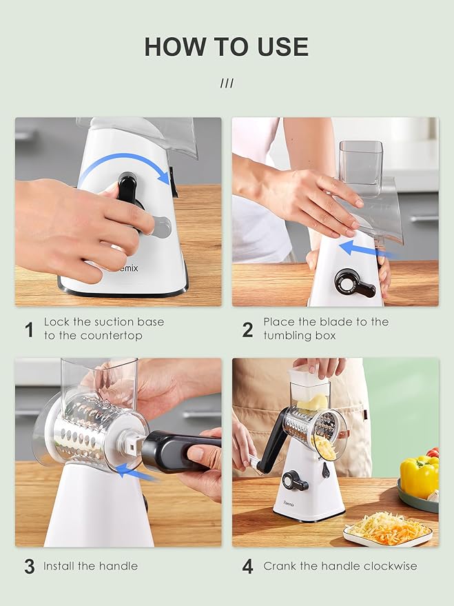 Rotary Cheese Grater with Handle, Reemix Vegetable Cheese Shredder Slicer Grater for Kitchen 3 Changeable Blades for Cheese Potato Zucchini Nuts Chocolate (White)