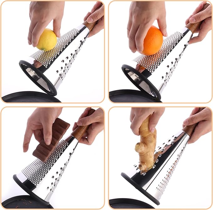 Cone Cheese Grater with Handle Stainless Steel Grater Triple Function Wood Handle Shredder Non-Slip Rubber Bottom Hand Held Multifunction Vegetables Grater Black 4-Size (Size L: 10.6" X 4.7" Black)