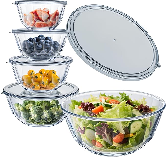 WhiteRhino Glass Mixing Bowls with Lids Set of 5（4.70QT,2.85QT, 1.69QT,1.11QT,0.85QT,Glass Bowls with Lids,Large Salad Bowls Space-Saving Nesting for Cooking,Baking,Prepping,Dishwasher Safe