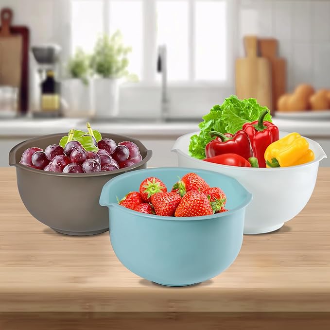Set of 3 Mixing Bowls with Pour Spout-Nesting Design Saves Space - Non-Slip, BPA Free, Dishwasher Safe Plastic - Kitchen Cooking and Baking Supplies (Blue Grey white)