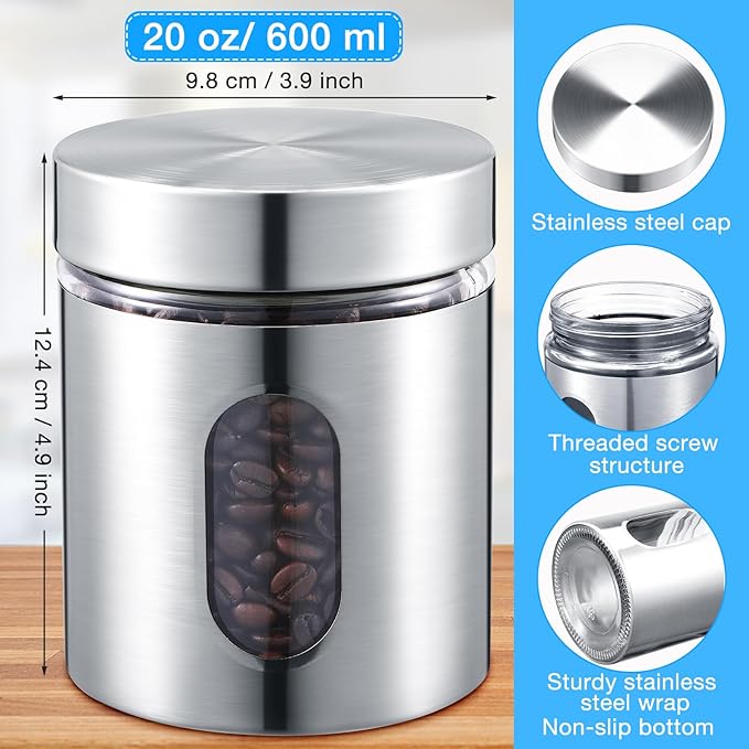 Mimorou 6 Pack Kitchen Canisters Set Airtight Coffee Sugar Tea Candy Storage Jars with Window Glass Stainless Steel Containers with Lids for Flour Cookies Spices Grains Kitchen Decorations(20 oz)