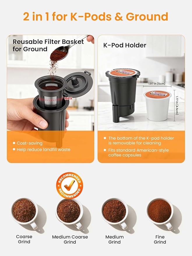 K Cup Coffee Maker, Hot & Iced Coffee Maker for K Cup and Grounds, 6-14 Oz Brew Sizes, 50oz Removable Tank, Single Cup Coffee Maker with Descaling Reminder, Stainless Steel, Black