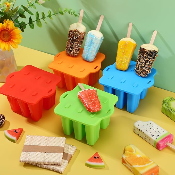 Hoolerry 4 Set Silicone Ice Lolly Molds, Reusable Ice Cream Molds with 200 Wooden Sticks, Easy Release Pop Maker, Frozen Treat Mold for Homemade, Red, Blue, Green, Orange(6 Cavities)