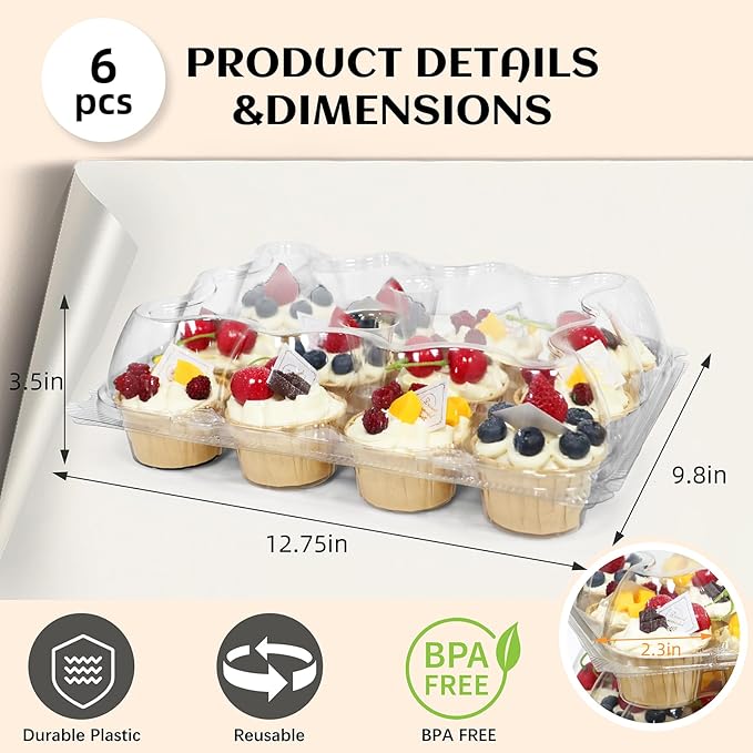 WIKDAY 12 Count x 6 Sets Plastic Cupcake Containers, Durable and BPA-Free Cupcake Holder with Lid for Easy Transport Storage, Stackable Clear Cupcake Carriers, Reusable Dessert Boxes