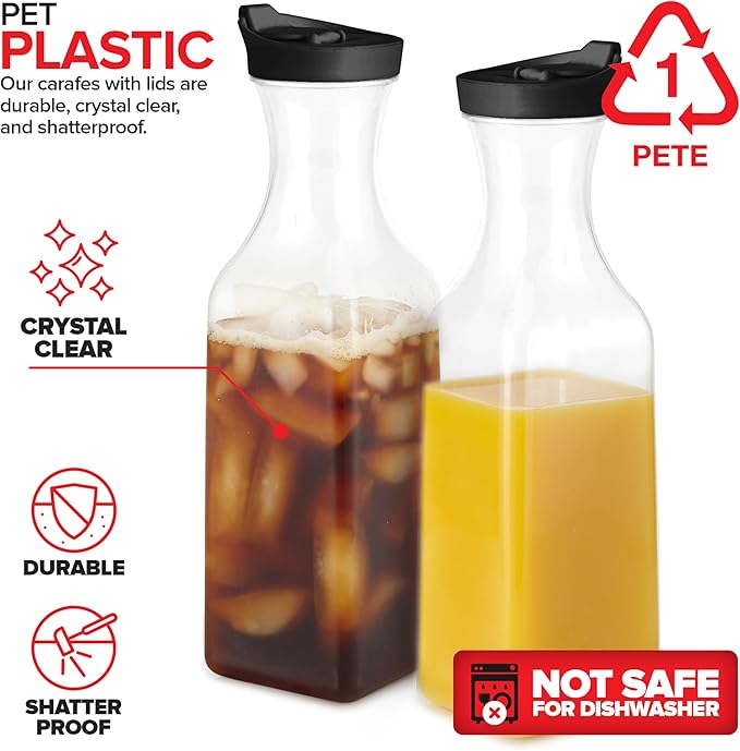 50oz Plastic Juice Carafe with Black Lids (6 Pack) 50 oz Carafes for Mimosa Bar, Drink Pitcher with Lid, Milk Container, Clear Beverage Containers for Fridge, Pantry Storage, Square Pitchers