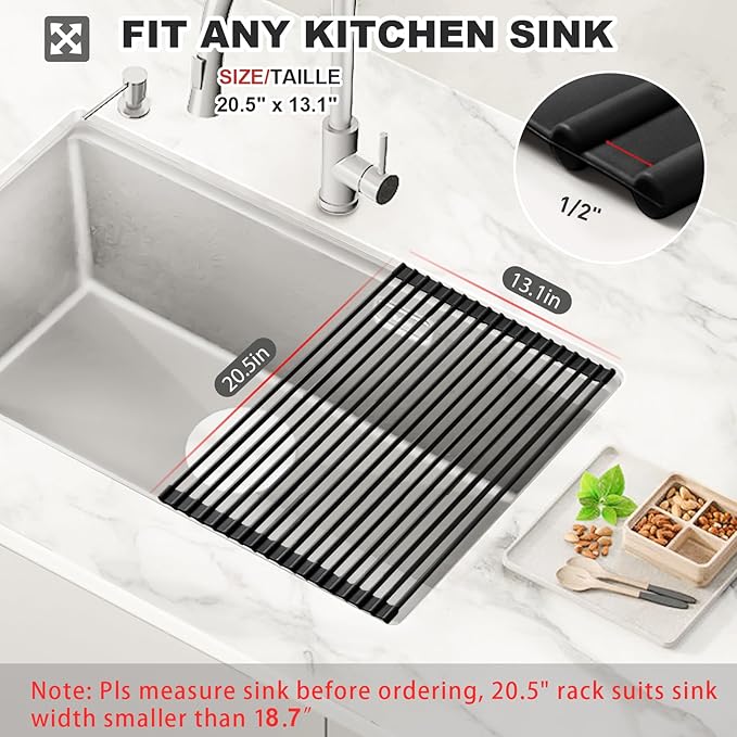 MERRYBOX 20.5" x 13" Roll Up Dish Drying Rack Silicone Wrapped Over The Sink Dish Drying Rack Multipurpose Foldable Sink Drying Mat, Heat-Resistant & Anti-Rust Dish Rack for Kitchen Sink, Large, Black