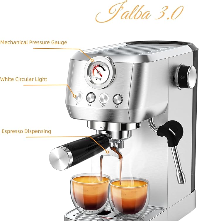MAttinata Espresso Machine 20 Bar, Espresso Coffee Maker with Professional Milk Frother Steam Wand for Cappuccino & Latte, 49oz Removable Water Tank for Home, Stainless Steel