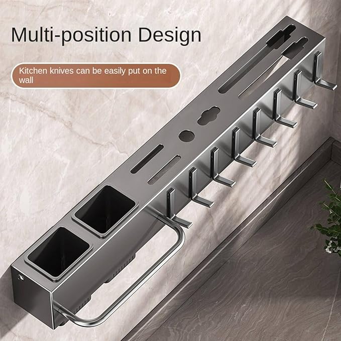 New Multi-Functional Kitchen Rack Home Wall-Mounted Knives Chopstick and Spoon Storage Rack Punch-Free cookware draining Rack, 40, Gray