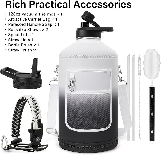 DYSANKY 1 Gallon Insulated Water Bottle | Upgraded Thickened Stainless Steel Metal Portable Sports Large Water Jug for Gym and Hiking with Carrier Bag, Handle Strap | BPA-Free 128 oz