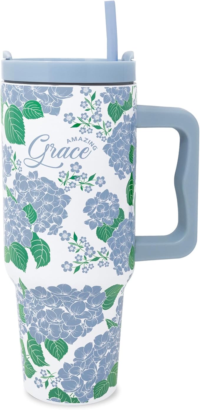 Steel Mill & Co 40 oz Stainless Steel Tumbler with Lid and Handle, Insulated/Thermal Travel Water Bottle with Amazing Grace Quote, Large Tumbler (Hydrangea)