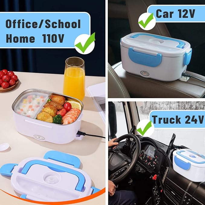 Electric Lunch Box 2 In 1 Food Heater 12V 24V 110V Portable Food Warmer for Car and Home Removable Stainless Steel Heated Bento Box (Orange)