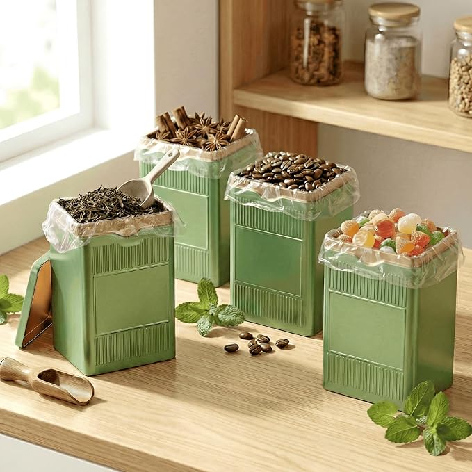 Tea Tin, Premium Tight Sealing Metal Canister with Press On Lid, Storage Tin for Loose Leaf, Tea Bags, Coffee Beans & Spices, Ideal for Kitchen Countertop & Pantry, Green Square Tinplate Can