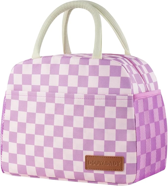 douyadady Lunch Bag Women/Men Lunch Box Women/Men (Purple+Pink Checkerboard)