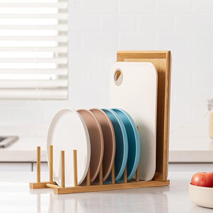HBlife Heighten and Widen Bamboo Dish Drying Rack Plate Bowl Cup Book Pot Lid Cutting Board Stand Drainer Storage Holder Organizer for Kitchen Cabinet